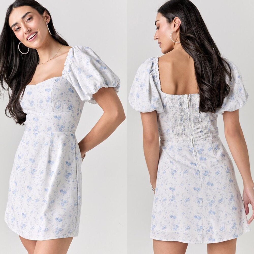 NEW Mi Ami Francesca's Erin Floral Square Neck Mini Dress L White Blue Cottage - Picture 4 of 15